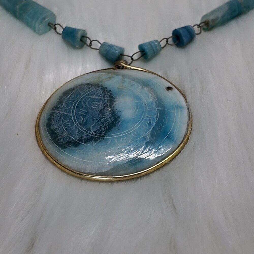 Carved AZTEC SunTurquoise Agate Stone Branded Pendant Necklace 15"L - Picture 5 of 11